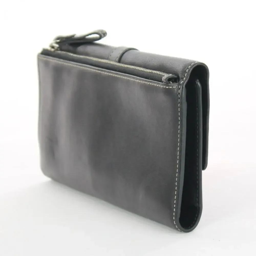 Coach Vintage Black Leather Silver Buckle Trifold Checkbook Wallet